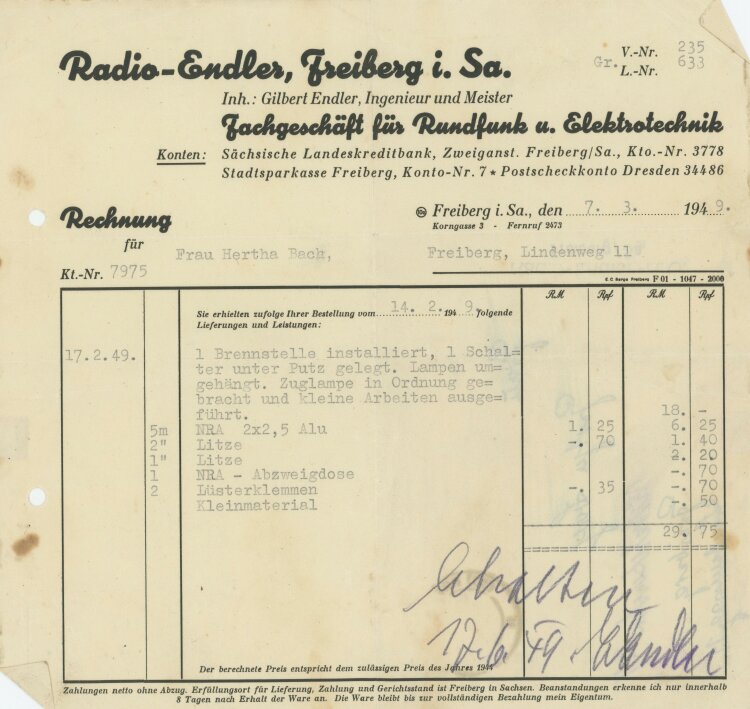 Gilbert Endler Fachgeschäft für Rundfunk und Elektrotechnik - Rechnung - 07.03.1949