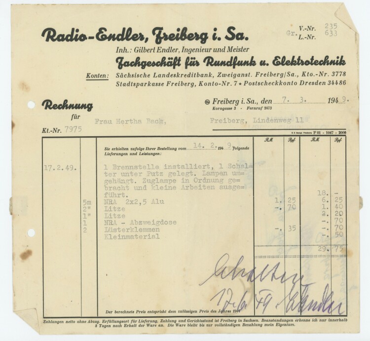 Gilbert Endler Fachgeschäft für Rundfunk und Elektrotechnik - Rechnung - 07.03.1949