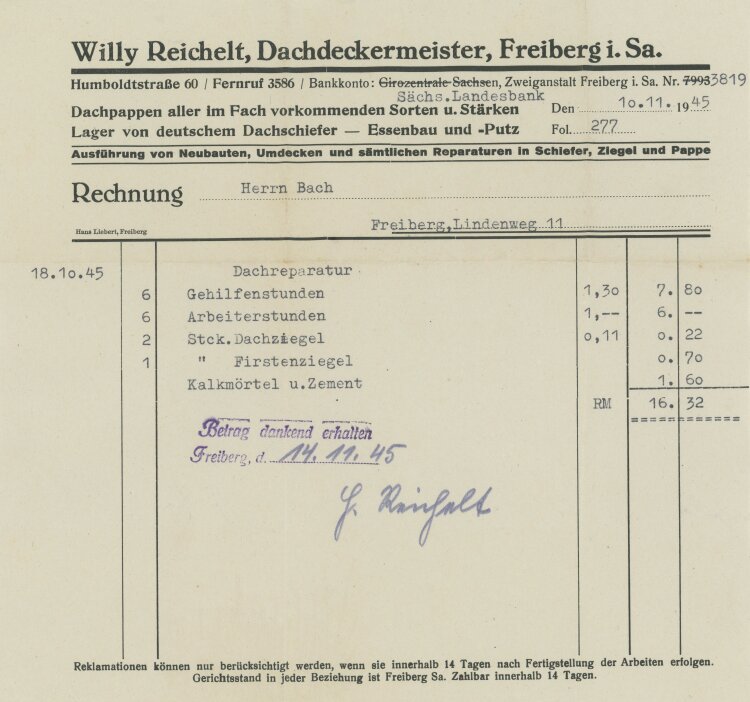 Willy Reichelt Dachdeckermeister - Rechnung - 10.11.1945