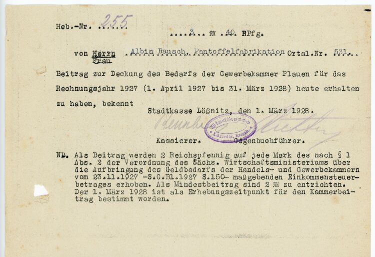Gewerbekammer Plauen - Rechnung - 01.03.1928
