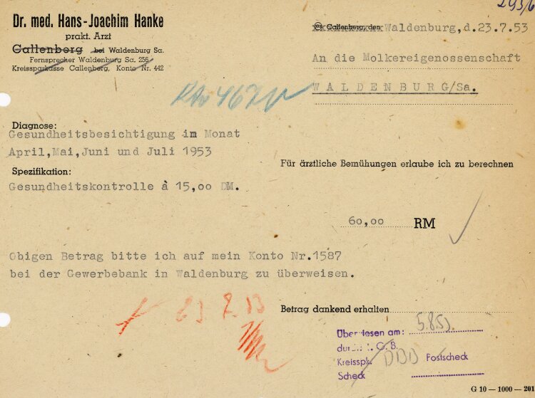 Dr. med. Hans-Joachim Hanke Arzt - Rechnung - 23.07.1953