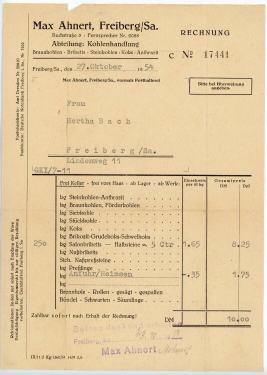 Max Ahnert Kohlenhandlung - Rechnung - 27.10.1954