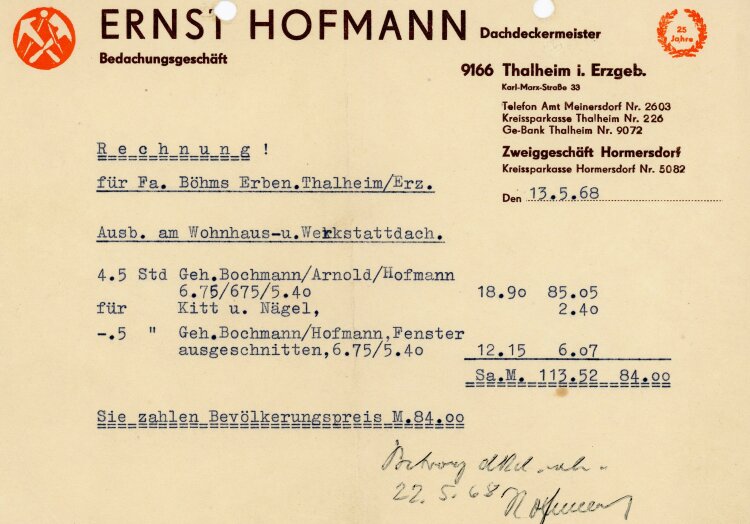 Ernst Hofmann Dachdeckermeister Bedachungsgeschäft - Rechnung - 13.05.1968