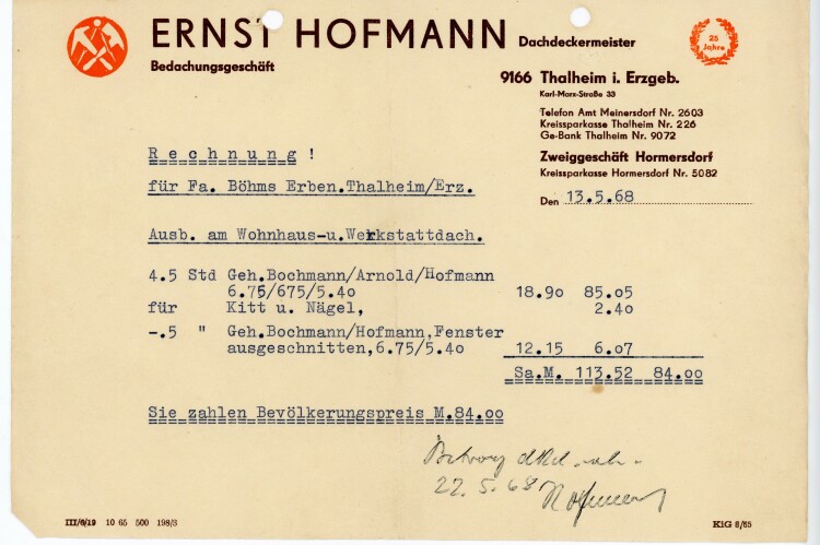Ernst Hofmann Dachdeckermeister Bedachungsgeschäft - Rechnung - 13.05.1968