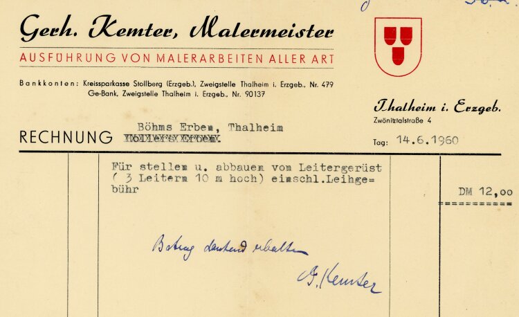 Gerhard Kemter Malermeister - Rechnung - 14.06.1960