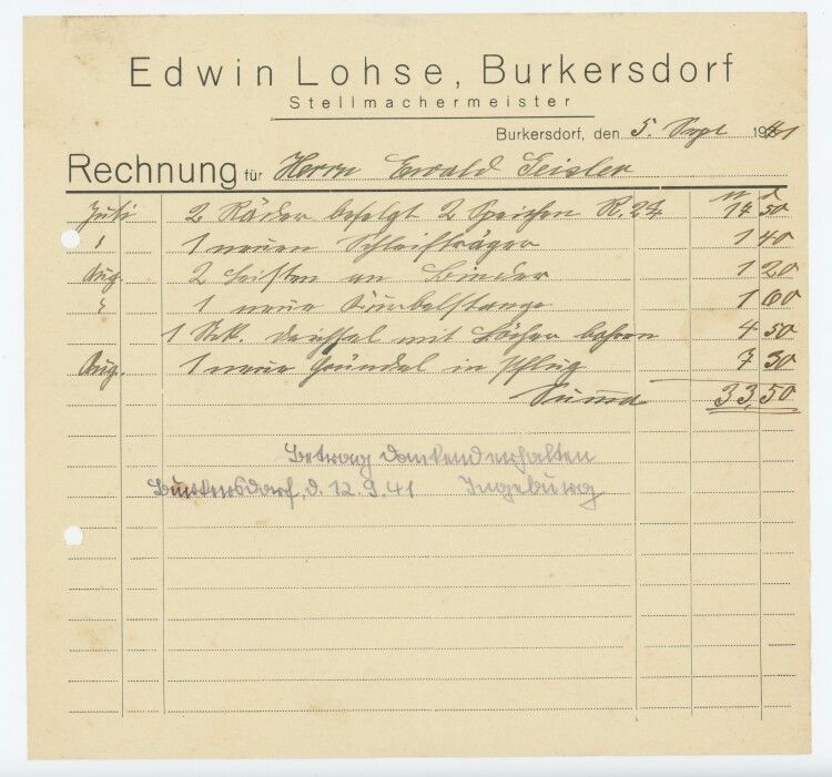 Edwin Lohse Stellmachermeister - Rechnung - 05.09.1941