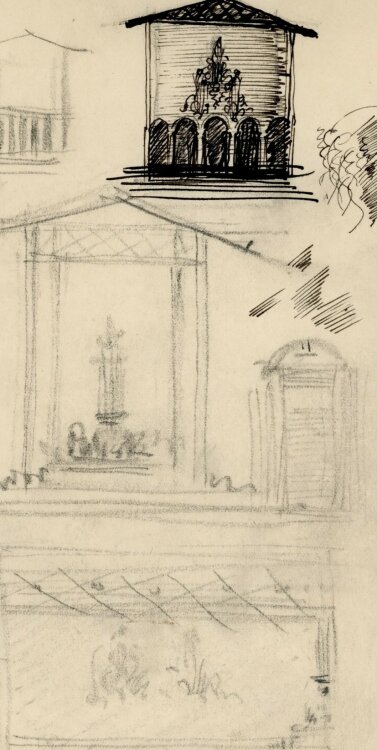 Willi Schmid - Entwurfskizze Kirche Altar und Grabdenkmal - o.J. - Bleistift, Tusche, Kohle