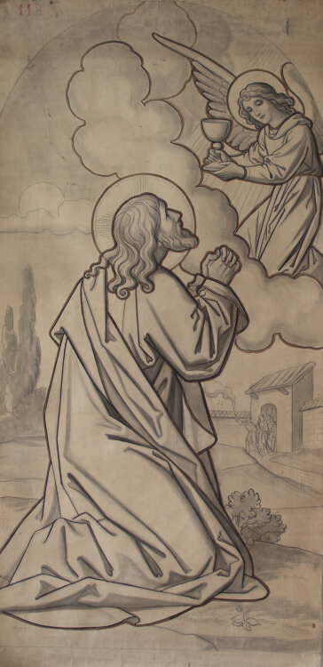Glasmanufaktur Johann Heinrich Huber-Stutz Zürich - Gebet Christus am Ölberg - o.J. - Kreide laviert /Aquarell