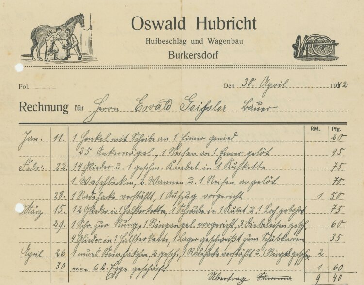 Oswald Hubrich Hufbeschlag und Wagenbau - Rechnung - 30.04.1942