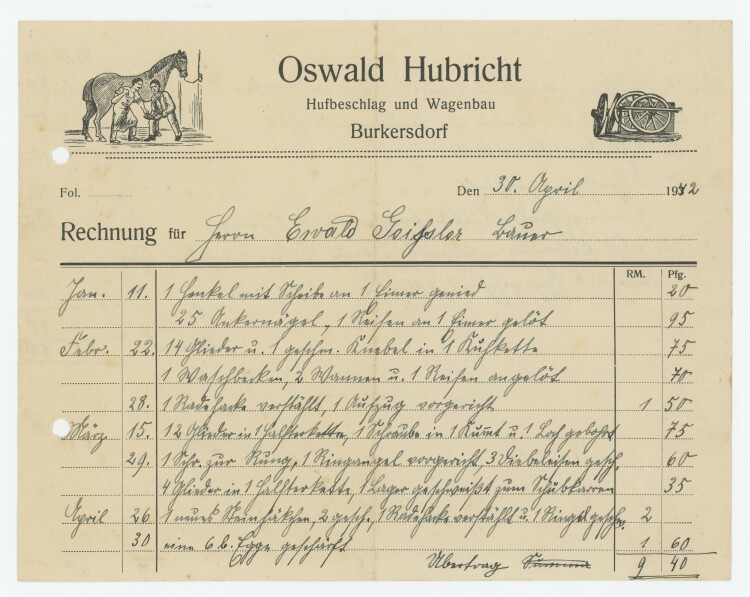 Oswald Hubrich Hufbeschlag und Wagenbau - Rechnung - 30.04.1942