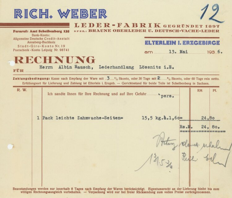 Richard Weber Leder-Fabrik  - Rechnung - 13.05.1936