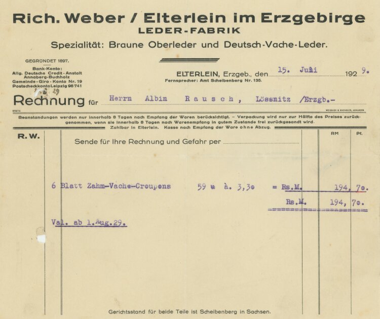 Richard Weber Lederfabrik  - Rechnung - 15.06.1929