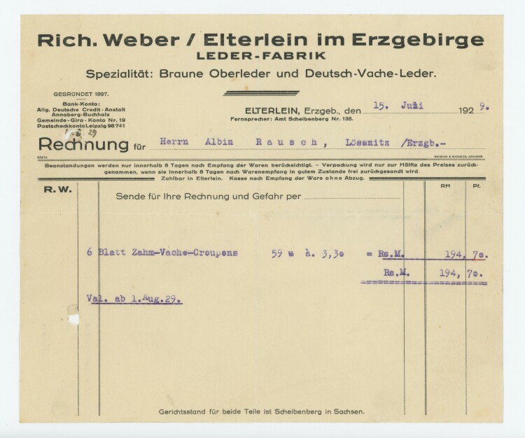 Richard Weber Lederfabrik  - Rechnung - 15.06.1929
