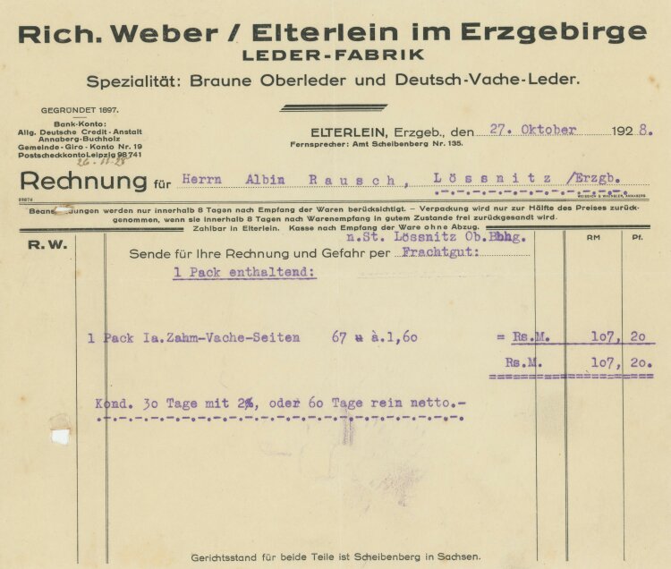 Richard Weber Lederfabrik - Rechnung - 27.10.1928