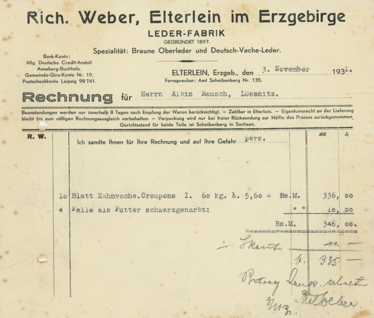 Albin Rausch - Rechnung - 03.11.1931