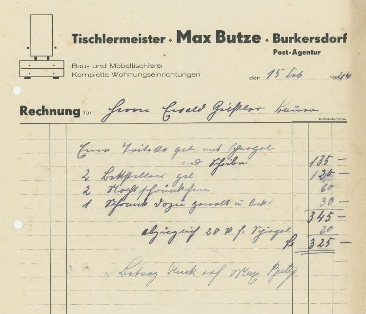 Max Butze - Rechnung - 15.02.1944