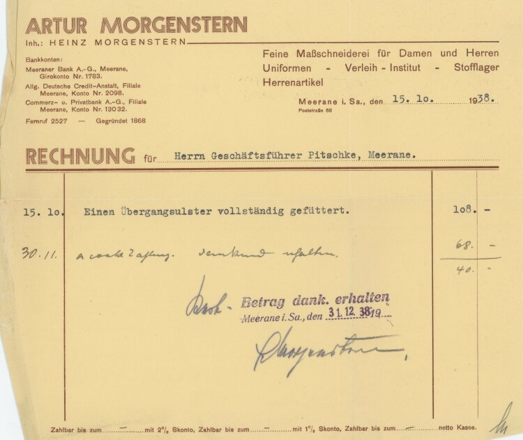 Artur Morgenstern - Rechnung - 15.10.1938