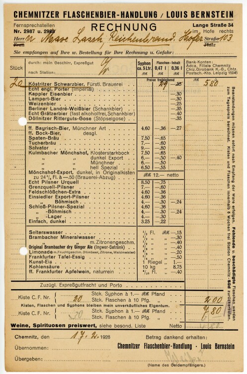 Chemnitzer Flaschenbier-Handlung Louis Bernstein  - Rechnung - 17.02.1928