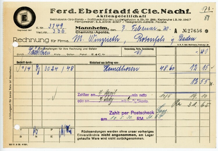 Ferdinand Eberstadt & Cie. Nachfolger Aktiengesellschaft - Rechnung - 07.02.1930