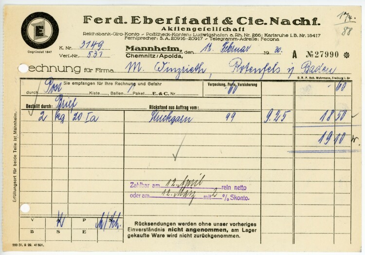 Ferdinand Eberstadt & Cie. Nachfolger Aktiengesellschaft  - Rechnung  - 12.02.1930