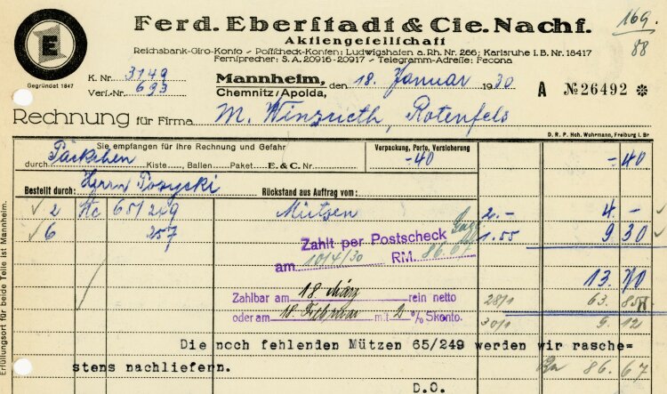Ferdinand Eberstadt & Cie. Nachfolger Aktiengesellschaft  - Rechnung  - 18.02.1930
