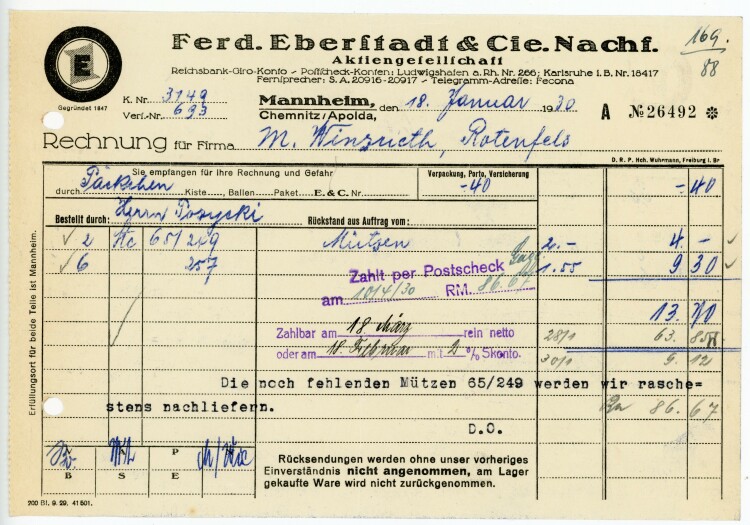 Ferdinand Eberstadt & Cie. Nachfolger Aktiengesellschaft  - Rechnung  - 18.02.1930