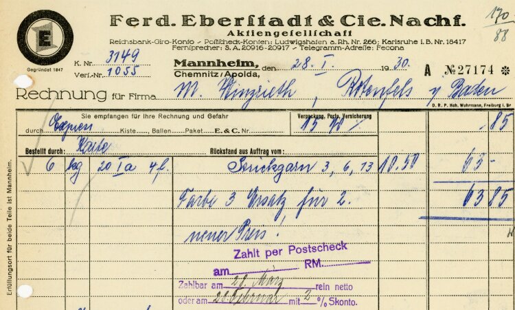 Ferdinand Eberstadt & Cie. Nachfolger Aktiengesellschaft  - Rechnung  - 28.01.1930