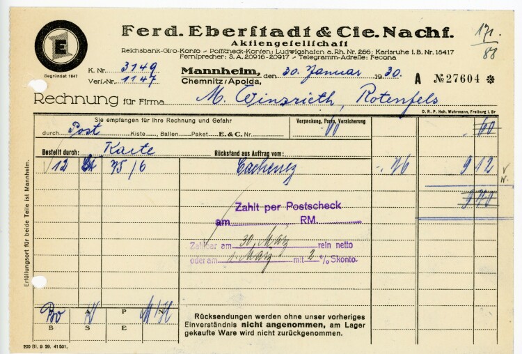 Ferdinand Eberstadt & Cie. Nachfolger Aktiengesellschaft  - Rechnung  - 30.01.1930