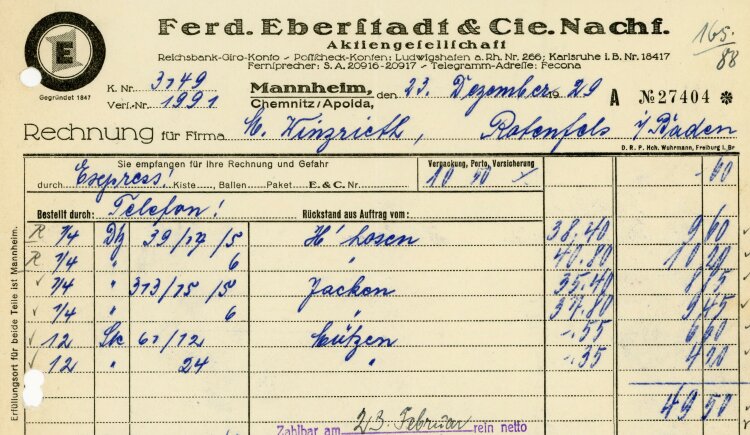Ferdinand Eberstadt & Cie. Nachfolger Aktiengesellschaft  - Rechnung - 23.12.1929
