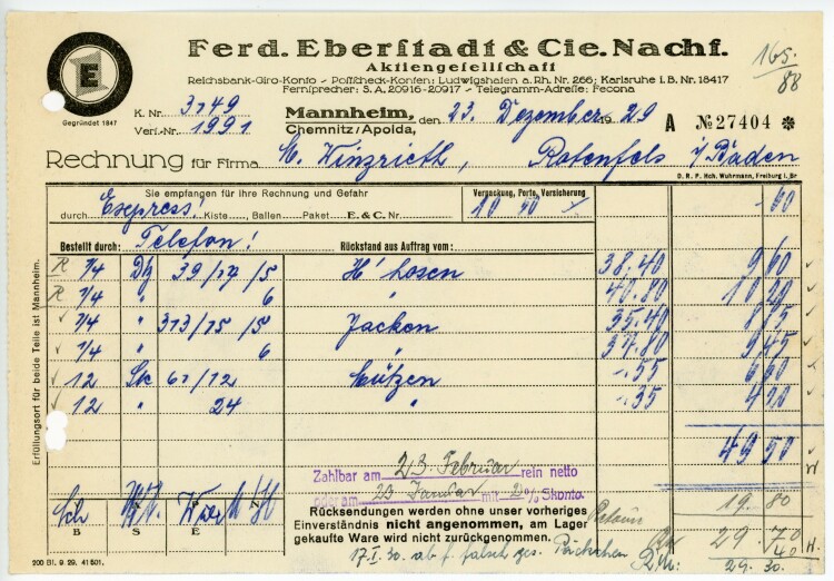 Ferdinand Eberstadt & Cie. Nachfolger Aktiengesellschaft  - Rechnung - 23.12.1929