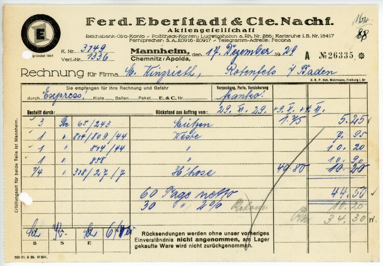 Ferdinand Eberstadt & Cie. Nachfolger Aktiengesellschaft  - Rechnung - 17.12.1929