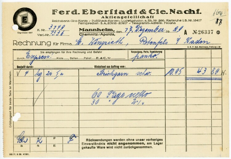Ferdinand Eberstadt & Cie. Nachfolger Aktiengesellschaft  - Rechnung  - 17.12.1929