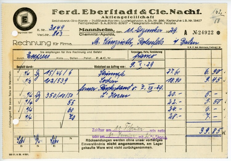 Ferdinand Eberstadt & Cie. Nachfolger Aktiengesellschaft  - Rechnung - 11.12.1929
