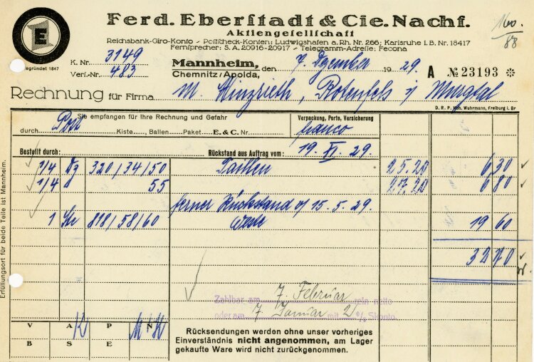 Ferdinand Eberstadt & Cie. Nachfolger Aktiengesellschaft  - Rechnung   - 07.12.1929