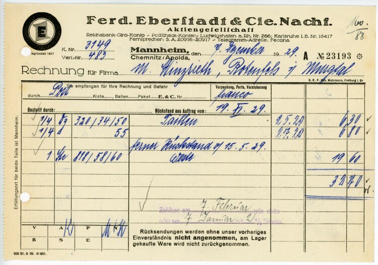 Ferdinand Eberstadt & Cie. Nachfolger Aktiengesellschaft  - Rechnung   - 07.12.1929