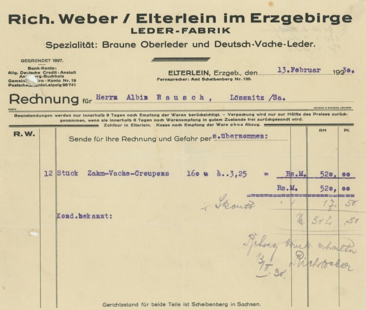 Richard Weber Leder-Fabrik - Rechnung - 13.02.1930