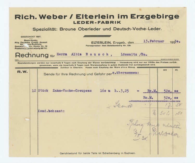 Richard Weber Leder-Fabrik - Rechnung - 13.02.1930