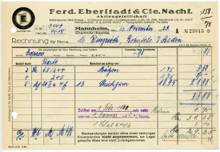 Ferdinand Eberstadt & Cie. Nachfolger Aktiengesellschaft  - Rechnung  - 30.12.1929