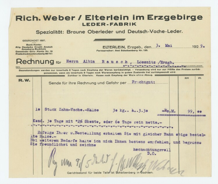 Richard Weber - Rechnung - 03.05.1929