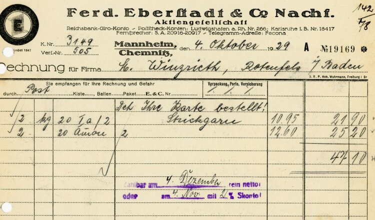 Ferdinand Eberstadt & Cie. Nachfolger Aktiengesellschaft  - Rechnung  - 04.10.1929