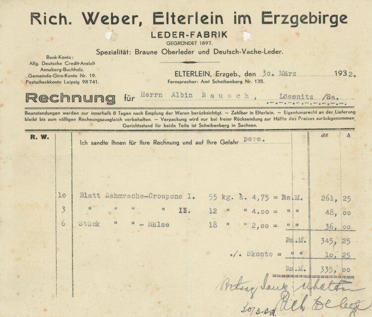 Richard Weber Leder-Fabrik - Rechnung - 30.03.1932