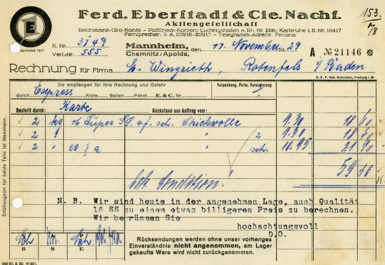 Ferdinand Eberstadt & Cie. Nachfolger Aktiengesellschaft  - Rechnung - 17.11.1929