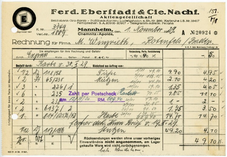 Ferdinand Eberstadt & Cie. Nachfolger Aktiengesellschaft  - Rechnung - 01.11.1929