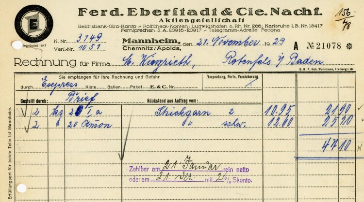 Ferdinand Eberstadt & Cie. Nachfolger Aktiengesellschaft  - Rechnung  - 21.11.1929