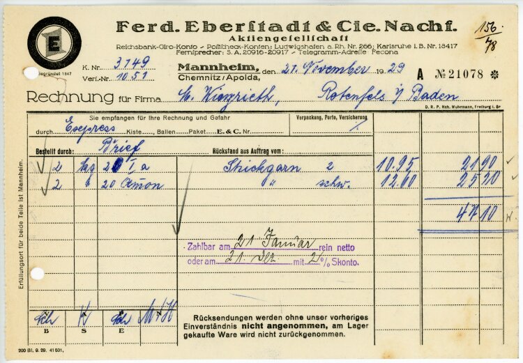 Ferdinand Eberstadt & Cie. Nachfolger Aktiengesellschaft  - Rechnung  - 21.11.1929