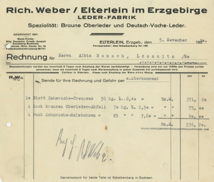 Richard Weber Leder-Fabrik - Rechnung - 05.11.1930