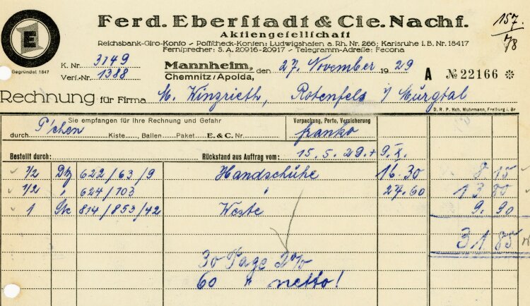 Ferdinand Eberstadt & Cie. Nachfolger Aktiengesellschaft  - Rechnung  - 27.11.1929
