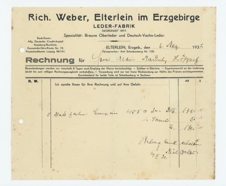 Richard Weber Leder-Fabrik - Rechnung - 06.03.1931