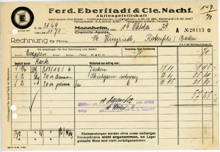 Ferdinand Eberstadt & Cie. Nachfolger Aktiengesellschaft  - Rechnung - 19.10.1929