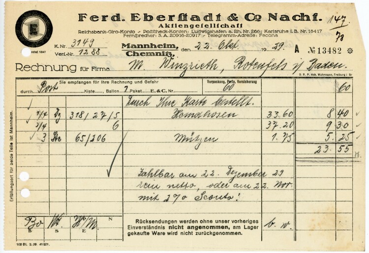 Ferdinand Eberstadt & Cie. Nachfolger Aktiengesellschaft  - Rechnung  - 22.10.1929